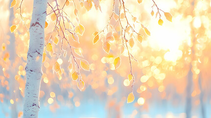 Fototapeta premium Golden autumn leaves hang from birch tree branches in a sunny forest during sunset.