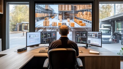 A man sits monitoring warehouse logistics on multiple computer screens