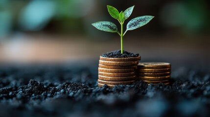 A young green plant growing from a stack of coins on dark soil, symbolizing financial growth and sustainability (2)