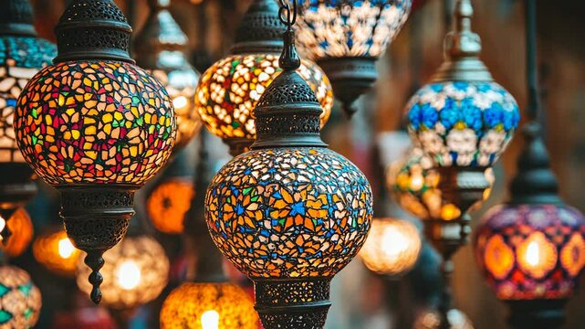 Colorful handcrafted lanterns illuminate a charming marketplace during the evening in a traditional bazaar