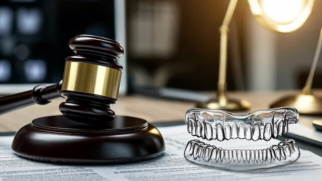 Legal gavel and dental aligner set on legal documents in an office setting during daytime