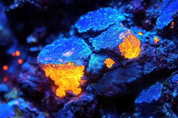 Fototapeta premium Vibrant Microscopic View of Orange and Blue Coral Reefs Underwater in Deep Ocean Environment