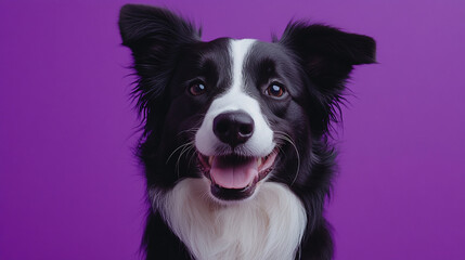 Fototapeta premium Portrait of a happy border collie dog on a violet background with space for text.