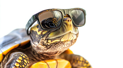 Portrait of a turtle wearing sunglasses isolated on a white background .
