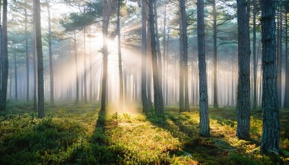 Obraz premium Misty pine forest at dawn, dense and mysterious, with light fog gently rising from the ground, creating an ethereal and tranquil atmosphere perfect for nature-themed photography. 