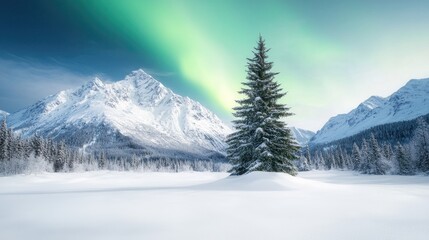 Lone pine, snowy mountains, aurora borealis, winter landscape