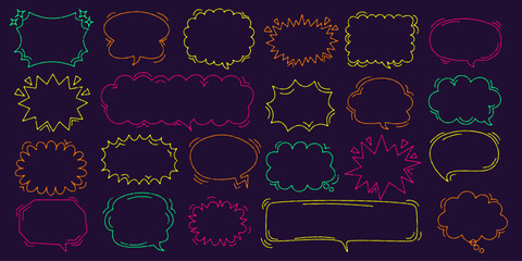 Chalk crayon speech bubbles set. Crayon balloon frame, dialogue talk in sketch style. Hand drawn vector illustration