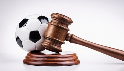 wooden gavel judges hammer or mallet with soccer ball on white background sports or soccer law legal or court symbol or concept