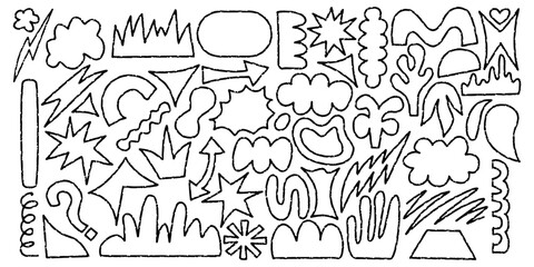 Shape crayon set with chalk texture. Arrow, crown and cloud crayon texture sketch. Hand drawn vector illustration