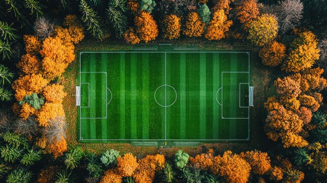 Aerial view of a soccer field surrounded by autumn forest, for sports promotion