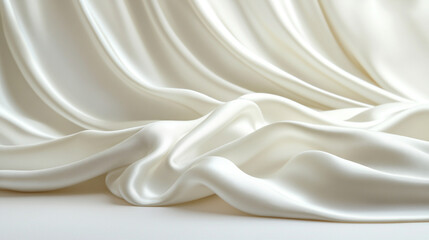 Closeup view of soft cream-colored Tencel fabric draped over table. Smooth texture, subtle light reflections, and gentle folds convey luxury, sustainability, and modern elegance.

