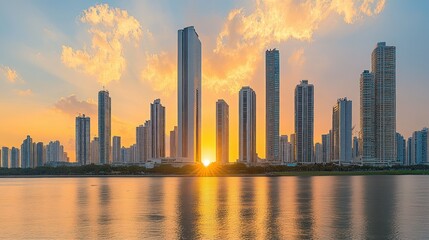 Obraz premium Golden Sunset Over Urban Skyline with Reflections on Calm Water Surface in Cityscape Setting