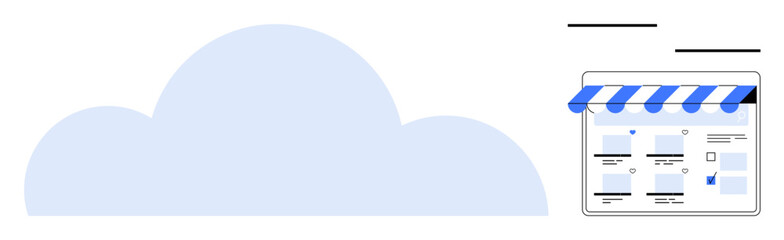 Cloud symbol with an e-commerce storefront webpage, blue and white elements, interaction, business management, and connectivity. Ideal for cloud services, online business, e-commerce, digital