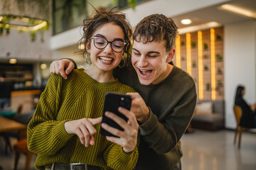 couple explore internet on mobile phone and enjoy while stand at cafe