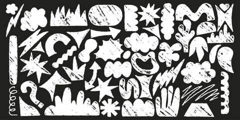 Shape crayon set with chalk texture. Arrow, crown and cloud crayon texture sketch. Hand drawn vector illustration