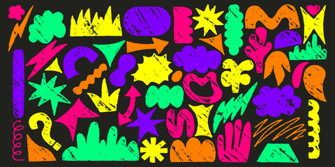 Shape crayon set with chalk texture. Arrow, crown and cloud crayon texture sketch. Hand drawn vector illustration