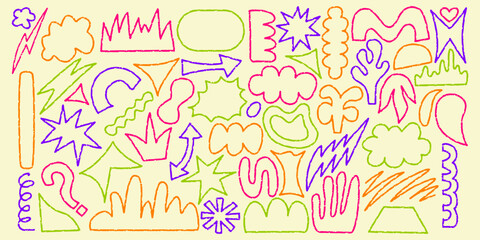Shape crayon set with chalk texture. Arrow, crown and cloud crayon texture sketch. Hand drawn vector illustration