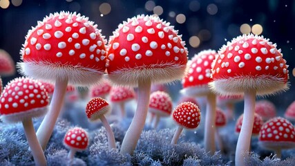 Vibrant red mushrooms with white spots grow in a mystical forest environment at dusk among soft blue moss - Powered by Adobe