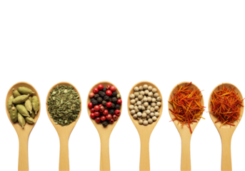 Assorted Spices in Wooden Spoons Arranged in a Row