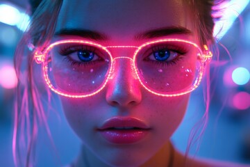Unique portrait of a young person wearing illuminated glasses with vibrant colors in a nightlife setting