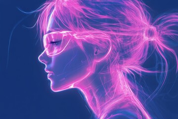 Portrait of a futuristic woman with glowing elements and cybernetic features in a dark background