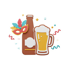 Carnival-Themed Beer Bottle and Mug with Festive Mask and Confetti