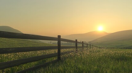 Obraz premium Golden sunrise over rolling hills serene landscape nature photography tranquil environment wide angle beauty of dawn