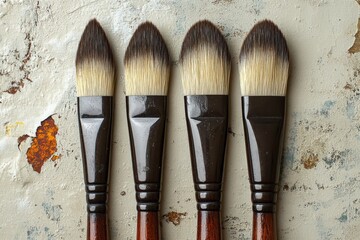 Detailed view of artist brushes arranged neatly on a textured surface showcasing their unique shapes and colors