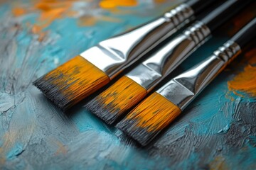 Fototapeta premium Paintbrushes on a textured surface with bright strokes in a vibrant artistic setting