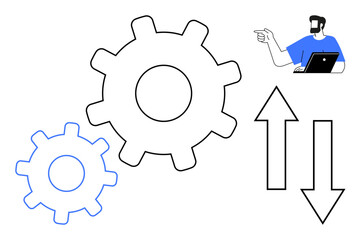 Businessman with laptop points towards two gears and arrows indicating up and down directions. Ideal for workflow, optimization, business processes, productivity, efficiency, direction, management