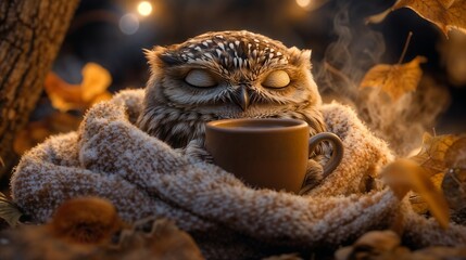 Obraz premium Owl Wrapped in Warm Scarf, Holding Cup in Paws, Surrounded by Autumn Leaves, Soft Light and Cozy Atmosphere with Gentle Glow in Background