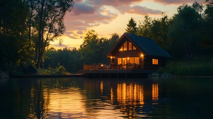 Fototapeta premium Relaxing cabin retreat by the serene lake at sunset nature photography tranquil environment scenic view for mindfulness
