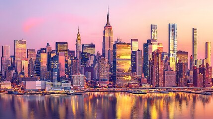 Fototapeta premium Sunset skyline view new york city urban photography reflective waters panoramic perspective cityscape beauty