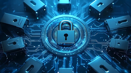Fototapeta premium Blue Cybersecurity Illustration with Silver Locks and Digital Codes