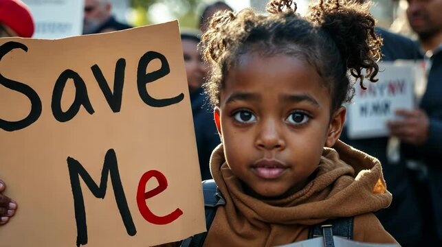 A child holding a sign pleading for help during a protest for social justice.
