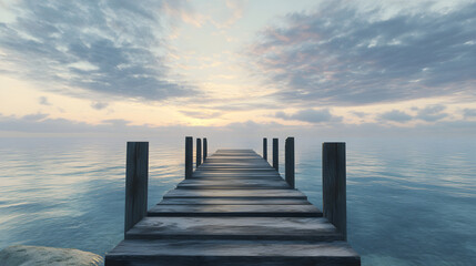 Fototapeta premium Tranquil Pier Embracing Dawn Reflections with Weathered Wood and Gentle Waves in Serene Landscape