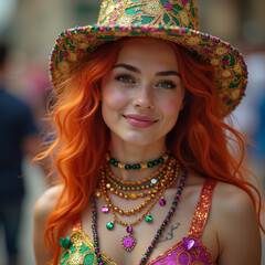 Obraz premium beautiful young smiling woman wearing colorful costume and beads necklace attending New Orleans French Quarter Mardi Gras celebration 