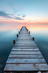 Tranquil Pier Embracing Dawn Reflections with Weathered Wood and Gentle Waves in Serene Landscape