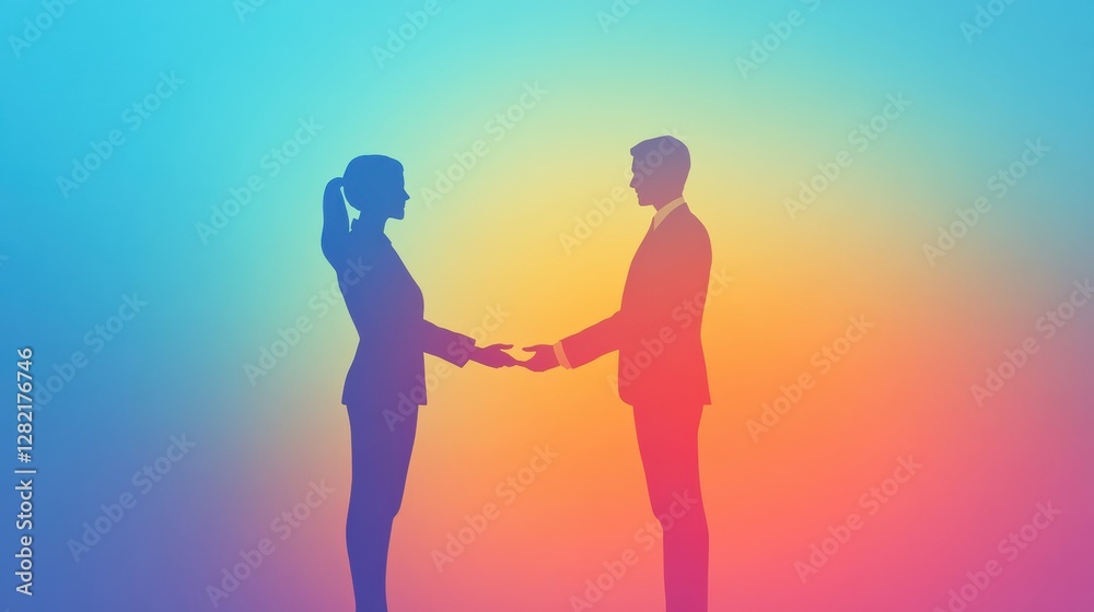 Poster silhouettes of two professionals sealing a business deal in an abstract gradient background during s