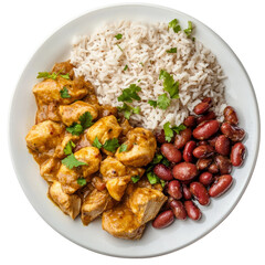 a plate of caribbean curried chicken and rice and beans, isolated background