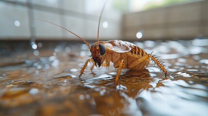 Close-up of a cockroach crawling on a wet surface in a bright, indoor environment