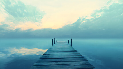 Obraz premium Tranquil Pier Embracing Dawn Reflections with Weathered Wood and Gentle Waves in Serene Landscape