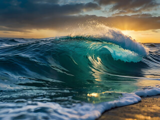 Ocean's Embrace: Captivating the raw power and ethereal beauty of the ocean as a translucent wave curls gracefully, reflecting the warm glow of the sun.