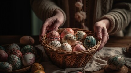 Obraz premium Human hands gently placing beautifully decorated Easter eggs into a rustic woven basket