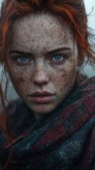 Fierce Scottish Warrior Woman with Fiery Auburn Hair, Intense Blue Eyes, and Battle-Worn Armor, Draped in a Woolen Tartan Cloak, Standing in the Cold Morning Mist with a Defiant Expression
