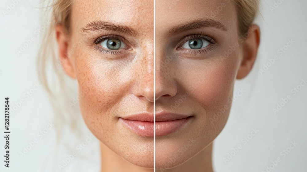 Leinwandbilder Comparison of aging and youthfulness in a womans face highlighting visible wrinkles on one side and smooth skin on the other side. Generative AI