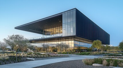 Obraz premium Contemporary architecture. Modern glass building, landscaping, and a sunset sky