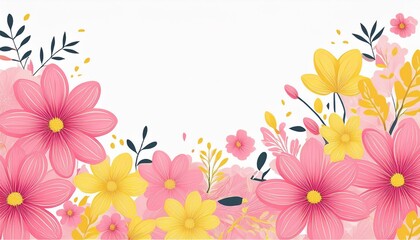 Fototapeta premium greeting card invitation design with pink flower floral illustration in pink and yellow colors on white background