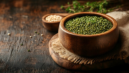 Wooden bowl of green mung beans on rustic dark wooden table.  Possible use for food blog or healthy recipe articles