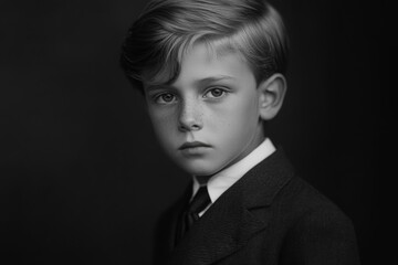 Young boy in formal attire poses with a serious expression against a dark background
